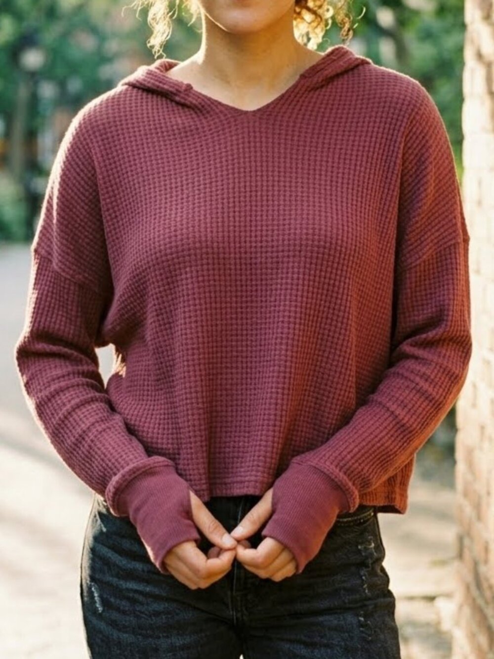 OFFLINE by Aerie Wow! Waffle Knit Oversized Slouchy Pullover Hoodie Size M